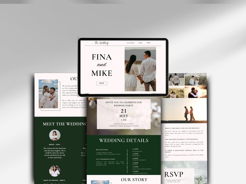 May include: A digital wedding invitation suite featuring a tablet and printed materials. The tablet displays "FINA and MIKE" with a photo of a couple. The printed materials include wedding details, RSVP information, and photos.