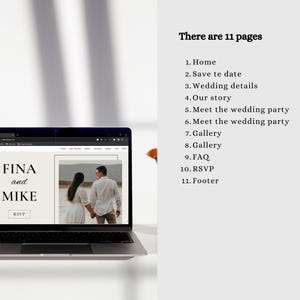 May include: A laptop displays a wedding website with the names "FINA and MIKE" and "RSVP." The website features a photo of a couple. Text on the right lists 11 pages, including "Home," "Gallery," and "FAQ."