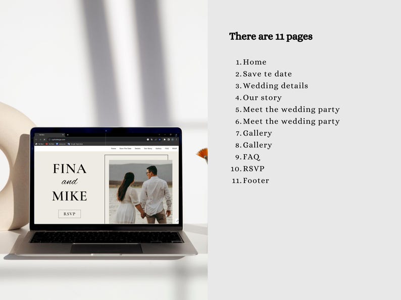 May include: A laptop displays a wedding website with the names "FINA and MIKE" and "RSVP." The website features a photo of a couple. Text on the right lists 11 pages, including "Home," "Gallery," and "FAQ."