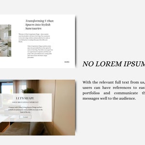 Pu&ograve; includere: Uno screenshot di un sito web che mostra servizi di interior design per spazi di vita urbani. Il sito web presenta immagini di interni moderni ed eleganti e testo che recita "Trasformare gli spazi urbani in santuari eleganti" e "Diamo forma alla tua esperienza di vita urbana!"