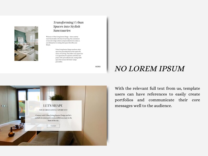 Pu&ograve; includere: Uno screenshot di un sito web che mostra servizi di interior design per spazi di vita urbani. Il sito web presenta immagini di interni moderni ed eleganti e testo che recita "Trasformare gli spazi urbani in santuari eleganti" e "Diamo forma alla tua esperienza di vita urbana!"