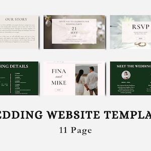 May include: A wedding website template with an 11-page design. The template includes sections for the couple's story, wedding details, RSVP, and introductions to the wedding party. The design features a neutral color palette with images.