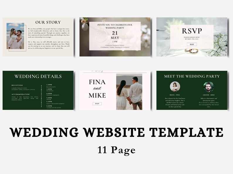 May include: A wedding website template with an 11-page design. The template includes sections for the couple's story, wedding details, RSVP, and introductions to the wedding party. The design features a neutral color palette with images.