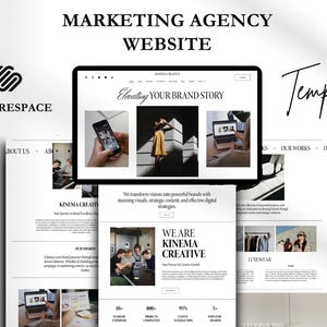 Könnte beinhalten: Eine Website-Designvorlage für eine Marketingagentur mit einem Squarespace-Logo und dem Text "MARKETING AGENCY WEBSITE". Das Design zeigt Website-Mockups mit dem Text "Elevating YOUR BRAND STORY" und "WE ARE KINEMA CREATIVE".