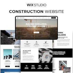 May include: A Wix Studio construction website template featuring a black and white layout with the text WIX STUDIO CONSTRUCTION WEBSITE at the top. The design includes sections for Terra Builders, project highlights, services, and statistics.