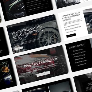 May include: Website screenshots showcasing car detailing services. The website features images of cars, text about transforming cars into show-stopping rides, and a call to action to book a free consultation.