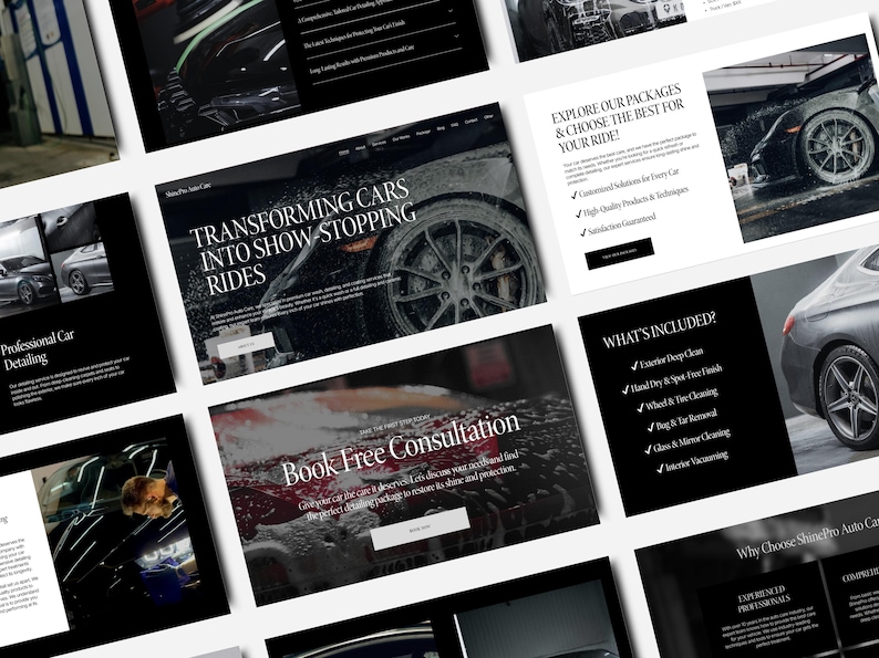 May include: Website screenshots showcasing car detailing services. The website features images of cars, text about transforming cars into show-stopping rides, and a call to action to book a free consultation.