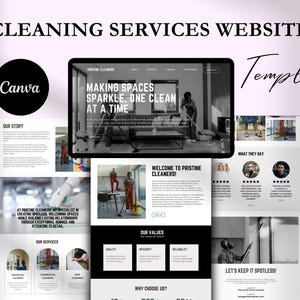 Op de afbeelding: Website-sjabloon voor een schoonmaakbedrijf genaamd Pristine Cleaners. De website heeft een zwart-wit ontwerp met afbeeldingen van schoonmaakpersoneel en getuigenissen. De tekst op de website bevat de bedrijfsnaam, slogan, aangeboden diensten, waarden en een call-to-action met de tekst "Let's keep it spotless!"