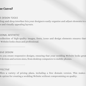 May include: Text explaining the benefits of using Canva to create a wedding website. The text highlights Canva's intuitive design tools, professional aesthetic, responsive design, and cost-effectiveness.