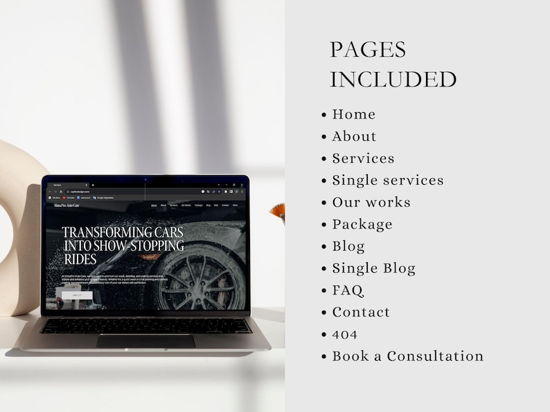 May include: A laptop computer displaying a website with the text "TRANSFORMING CARS INTO SHOW STOPPING RIDES". The website is for a car detailing business. The text "PAGES INCLUDED" is listed on the right side of the image with a list of website pages.
