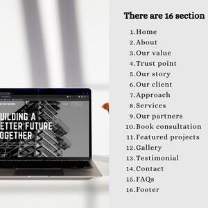 Peut inclure: Un ordinateur portable affichant un site web avec le texte "Building a Better Future Together". Le site web est pour une entreprise qui construit des maisons et a une photo en noir et blanc d'un b&acirc;timent sur la page d'accueil.