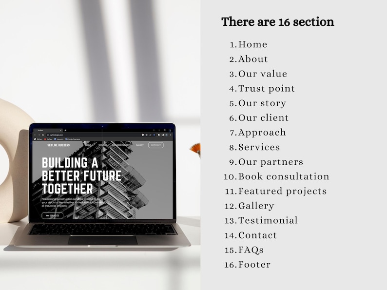 Peut inclure: Un ordinateur portable affichant un site web avec le texte "Building a Better Future Together". Le site web est pour une entreprise qui construit des maisons et a une photo en noir et blanc d'un b&acirc;timent sur la page d'accueil.