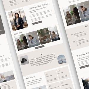 Może przedstawiać: Układ strony internetowej dla Ava Collins Therapy, z profesjonalną kobietą w marynarce, opisami usług i referencjami klient&oacute;w. Projekt wykorzystuje neutralną paletę kolor&oacute;w z obrazami i tekstem.