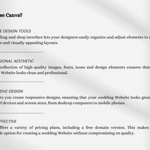 May include: A white background with text that reads "Why Use Canva?" followed by descriptions of Canva's features: intuitive design tools, professional aesthetic, responsive design, and cost-effective.