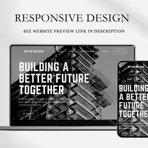 Peut inclure: Une image en noir et blanc d'une conception de site Web pour une entreprise de construction appel&eacute;e Skyline Builders. Le site Web pr&eacute;sente une grande image d'un b&acirc;timent en construction et le texte "Building a Better Future Together".