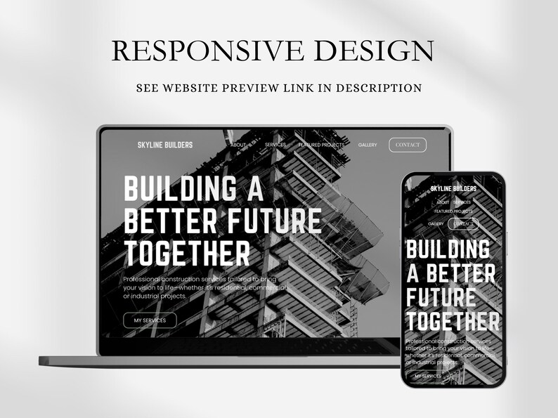 Peut inclure: Une image en noir et blanc d'une conception de site Web pour une entreprise de construction appel&eacute;e Skyline Builders. Le site Web pr&eacute;sente une grande image d'un b&acirc;timent en construction et le texte "Building a Better Future Together".