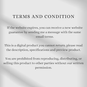 May include: Text on a white background reads "TERMS AND CONDITION". The text continues with information about digital products, website guarantees, and usage restrictions. The text is in a simple, easy-to-read font.