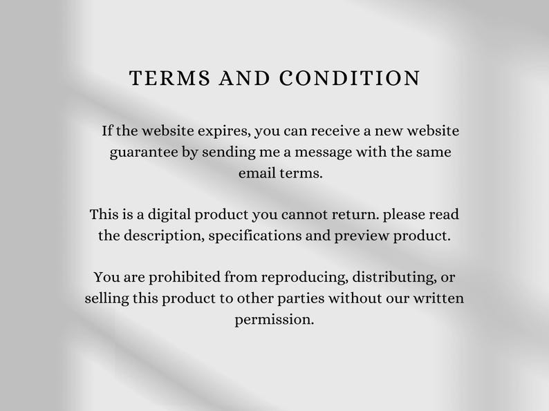 May include: Text on a white background reads "TERMS AND CONDITION". The text continues with information about digital products, website guarantees, and usage restrictions. The text is in a simple, easy-to-read font.