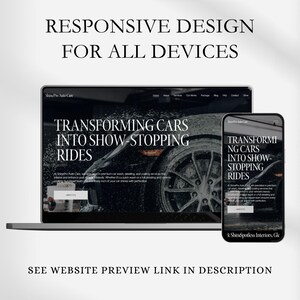 May include: A website screenshot showing a responsive design for all devices. The website is for a car detailing service called "Shine Pro Auto Care" and features a black and white image of a car wheel with the text "Transforming cars into show-stopping rides".