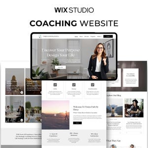 Może przedstawiać: Szablon strony internetowej coachingu Wix Studio wyświetlony na ekranie tabletu, z tekstem "WIX STUDIO" i "COACHING WEBSITE" na górze. Układ zawiera sekcje dla "Vision Path by Elena", opisy usług, wpisy na blogu oraz opinie klientów.