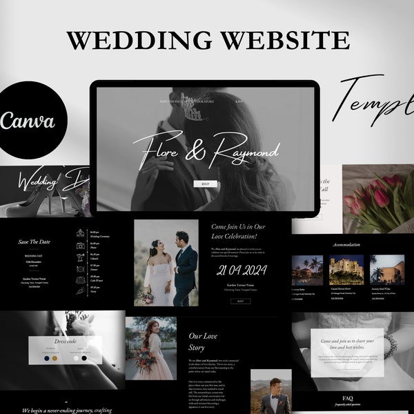 Plantilla de sitio web de bodas, sitio web de Canva, invitación digital, sitio de bodas negro, diseño de sitios web