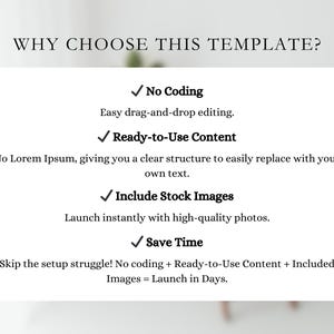 Może przedstawiać: Biały prostokątny grafika z tekstem "WHY CHOOSE THIS TEMPLATE?" i punktami: "No Coding", "Ready-to-Use Content", "Include Stock Images" i "Save Time".