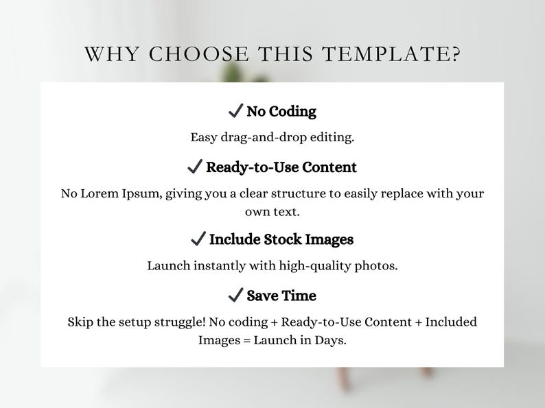 Może przedstawiać: Biały prostokątny grafika z tekstem "WHY CHOOSE THIS TEMPLATE?" i punktami: "No Coding", "Ready-to-Use Content", "Include Stock Images" i "Save Time".