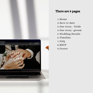 May include: A laptop computer displaying a wedding website with the text "FLORE & RAYMOND" and the words "The Wedding" in the browser tab. The website features a photo of a couple's hands with rings on their fingers.
