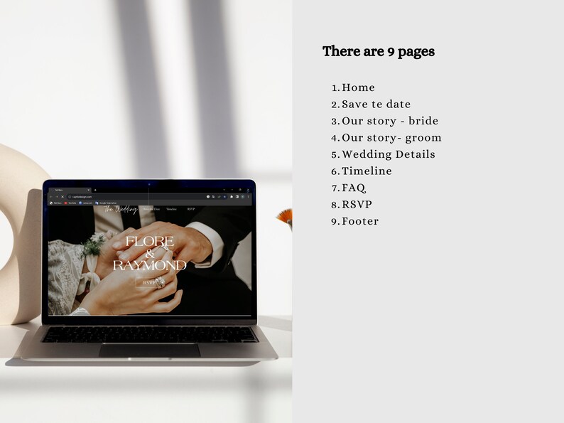 May include: A laptop computer displaying a wedding website with the text "FLORE & RAYMOND" and the words "The Wedding" in the browser tab. The website features a photo of a couple's hands with rings on their fingers.