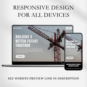Pode incluir: Uma maquete de design de site que mostra um laptop e um telefone m&oacute;vel exibindo o mesmo site. O site apresenta uma grua de constru&ccedil;&atilde;o vermelha contra um c&eacute;u nublado e o texto "Construindo um futuro melhor juntos".
