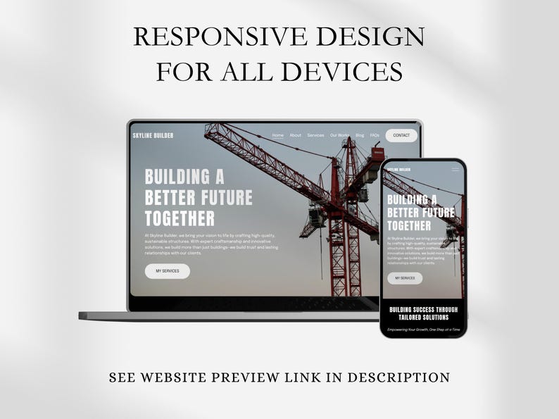 Pode incluir: Uma maquete de design de site que mostra um laptop e um telefone m&oacute;vel exibindo o mesmo site. O site apresenta uma grua de constru&ccedil;&atilde;o vermelha contra um c&eacute;u nublado e o texto "Construindo um futuro melhor juntos".