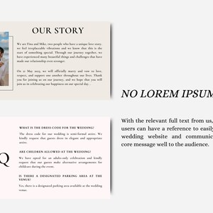 May include: A wedding website template with text including "Our Story" and "FAQ." The "Our Story" section features a photo of a couple. The FAQ section addresses dress code and children.