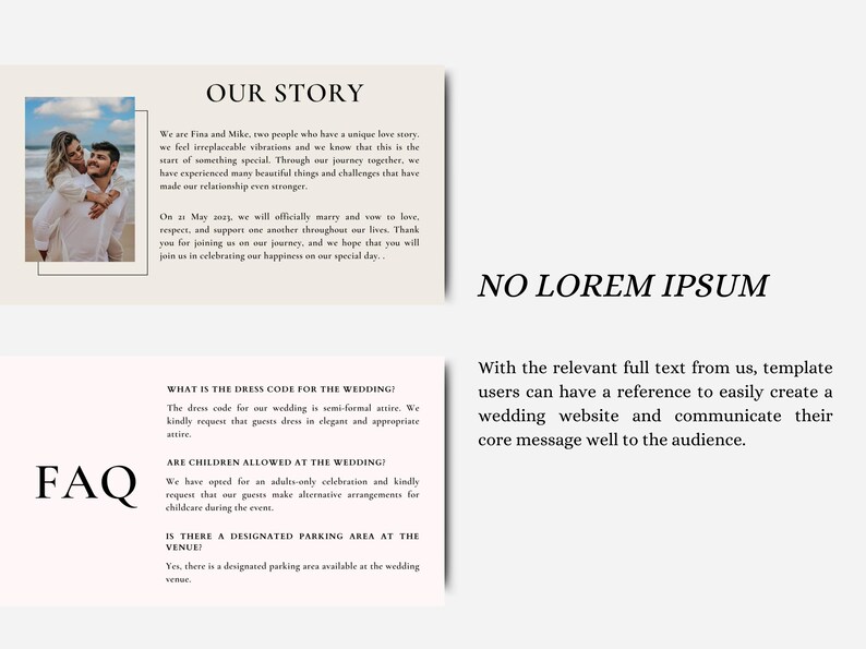 May include: A wedding website template with text including "Our Story" and "FAQ." The "Our Story" section features a photo of a couple. The FAQ section addresses dress code and children.