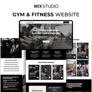 Puede incluir: Una plantilla de sitio web de Wix Studio para un gimnasio y negocio de fitness. El diseño presenta un esquema de color en blanco y negro con tipografía negrita, secciones para programas de entrenamiento de fuerza y fotos de equipos de gimnasio.