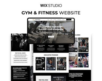 May include: A Wix Studio website template for a gym and fitness business. The layout features a black and white color scheme with bold typography, sections for strength training programs, member statistics, and imagery of gym equipment.