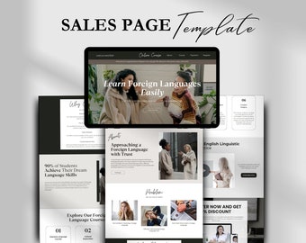 May include: A website landing page template for an online language learning course. The page features a photo of two women talking, a section titled "Learn Foreign Languages Easily", and a section titled "Approaching a Foreign Language with Trust".