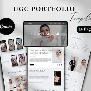 以下が含まれることがあります： UGCポートフォリオ用の14ページのCanvaテンプレート。テンプレートは、白地に黒のテキストと画像で構成されています。テンプレートには、サービス、レビュー、写真、ビデオ、価格のセクションが含まれています。テンプレートには、クリエイターのウェブサイトとソーシャルメディアへのリンクのセクションも含まれています。