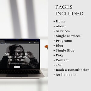 May include: A laptop showing a website with the text "STEP INTO THE LIFE YOU'VE ALWAYS DREAMT OF." The screen is next to a list of website pages, including Home, About, Services, and Blog. The laptop is on a light-coloured surface.