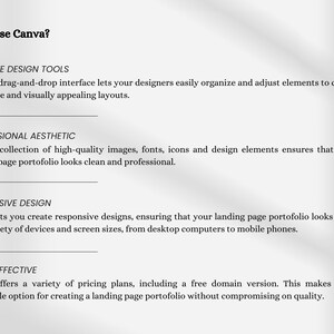 Peut inclure: Texte expliquant les avantages de l'utilisation de Canva pour cr&eacute;er des portfolios de pages d'accueil. Les avantages incluent des outils de conception intuitifs, une esth&eacute;tique professionnelle, une conception responsive et un rapport qualit&eacute;-prix.