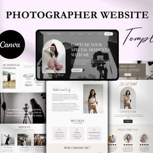 May include: A website template for photographers, featuring a light pink background with white text overlay. The text reads "Photographer Website Template" and "Canva". The image shows a mockup of a website with a variety of sections, including "My Personal Interests", "Services", "About Me", "My Value", "Why Choose Me?", "Contact Me", and "What They Say".