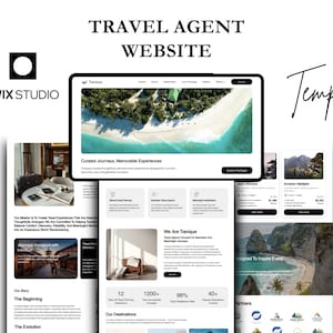 Può includere: Un modello di sito web per un agente di viaggio, con un tablet che mostra un design di sito web con una scena di spiaggia. Il design include il testo "Travel Agent Website Template" e il logo Wix Studio. Vengono mostrate anche pagine web aggiuntive.