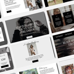 May include: A series of website mockups with a minimalist design. The pages feature text such as "Step into the life you've always dreamt of" and "Ready to take the first step?" The colour scheme is primarily black and white.