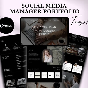 Könnte beinhalten: Eine schwarz-weiße Website-Vorlage für Social-Media-Manager. Die Vorlage zeigt einen Laptop mit dem Text "Start Your Brand Transformation Journey" auf dem Bildschirm, das Gesicht einer Frau und einen Abschnitt mit dem Titel "Digital Triumphs".