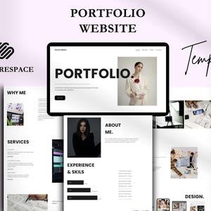 May include: A website template for Squarespace, featuring a portfolio layout with sections for "Why Me", "Services", "Experience & Skills", "About Me", and "Design".