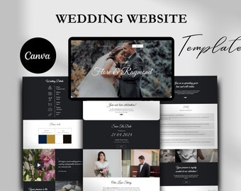 May include: A black and white wedding website template with the text "Flore & Raymond" and "Save The Date 21 04 2024". The template features a couple's photo, a wedding date, and a love story section.