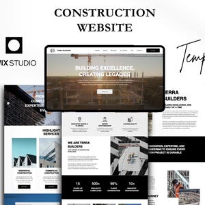 May include: A construction website template. The design includes a tablet showing a website with the text "Building Excellence, Creating Legacies." Other pages display services and company details. The Wix Studio logo is also visible.