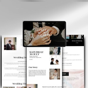 May include: A wedding website announcement with a black and white photo of a couple's hands holding a ring. The website includes the couple's names, "Flore & Raymond", the wedding date, "Saturday 30 July", and the wedding venue, "Garden Terrace Venue, Charming Town, Tranquil County".