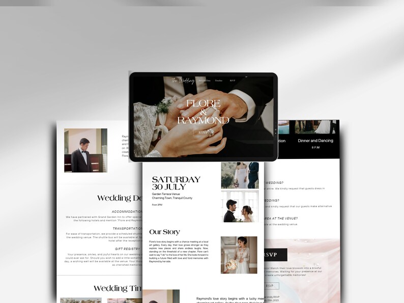 May include: A wedding website announcement with a black and white photo of a couple's hands holding a ring. The website includes the couple's names, "Flore & Raymond", the wedding date, "Saturday 30 July", and the wedding venue, "Garden Terrace Venue, Charming Town, Tranquil County".