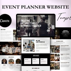 May include: A website template for event planners, featuring a black and white design with images of events and text that says "Creating unforgettable memories together".