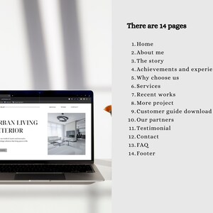Pu&ograve; includere: Un computer portatile che mostra un sito web per un'azienda di interior design chiamata "Urban Living Interior". Il sito web presenta una foto di un soggiorno moderno con pareti bianche, un divano bianco e un tavolino da caff&egrave; nero. Il testo "There are 14 pages" &egrave; visibile sul lato destro dell'immagine.